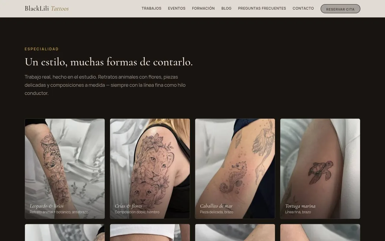 La página de portfolio de Black Lili Tattoos, con la galería de trabajos.