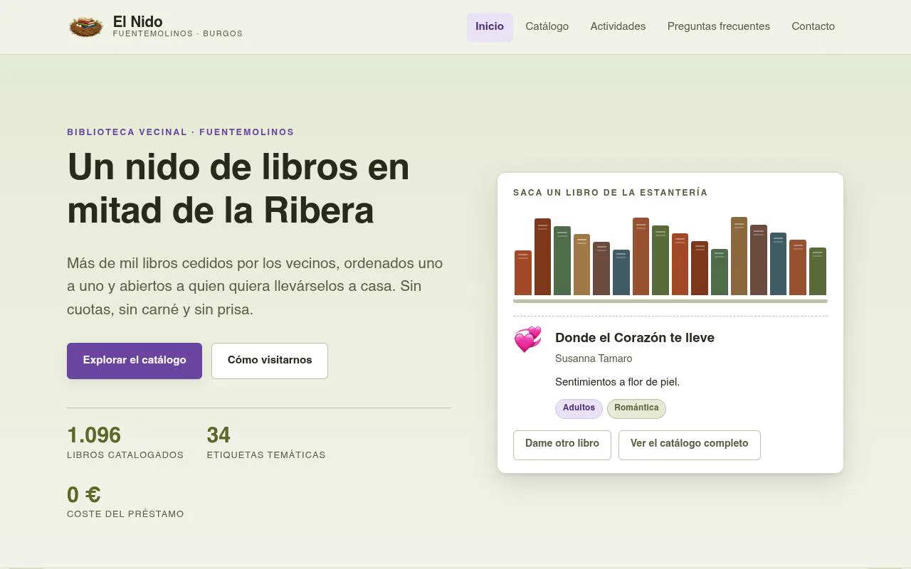 La portada de Biblioteca El Nido, vista en un ordenador.