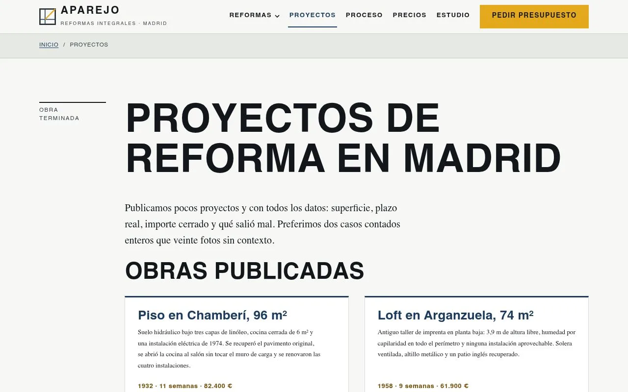 La página de proyectos de Reformas, con las obras terminadas y sus importes.